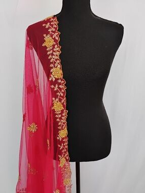 Net Pink dupatta with gold embroidered cut work with small pearls